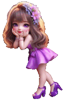 a little girl in a purple dress and purple shoes