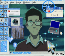 a computer screen shows a man wearing glasses and a computer loves you