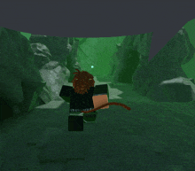 a video game character with red hair and a tail is walking through a green cave