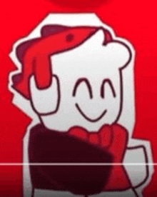 a cartoon character with a red hat and a red bow tie is smiling .