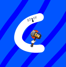 a blue background with a white letter c and a hammer that says " ban "