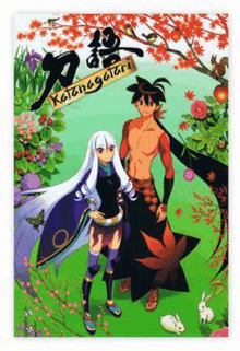 a poster for katanagatari shows a man and a woman in a garden