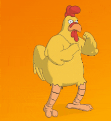 a cartoon chicken with a red crest is standing on a yellow background