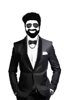 a man in a tuxedo has a beard and sunglasses on his face