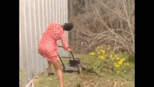 a woman in a red dress is mowing the grass in a yard .