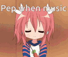 a girl with pink hair is wearing headphones and has the words pep when music written above her