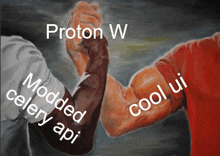 a painting of two men shaking hands with the caption proton w modded celery api