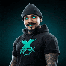 a man is wearing a black hoodie with a blue x on it