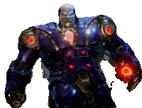 a man in a purple robotic suit with red lights on his arms