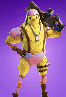 a yellow chicken holding a gun and wearing a necklace with a tag that says ' a ' on it