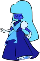 a cartoon drawing of a blue sapphire wearing a blue dress and white gloves