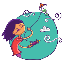 a cartoon of a girl flying a kite with clouds behind her