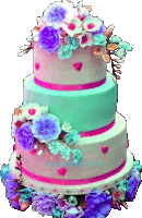 a three tiered cake with purple and blue flowers and the words tortellini.co.uk below it