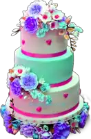 a three tiered cake with purple and blue flowers and the words tortellini.co.uk below it