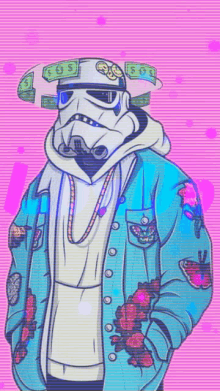 a storm trooper is wearing a blue jacket and a hoodie with money on his head .