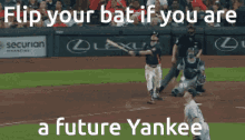 a baseball player swings a bat at a pitch with a caption that says flip your bat if you are a future yankee