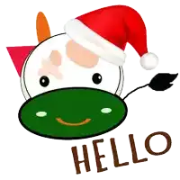 a cartoon cow wearing a santa hat with the words hello below it