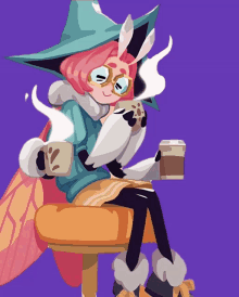 a cartoon drawing of a witch with a cup of coffee