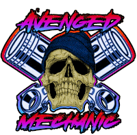 a logo for avenged mechanic with a skull in a beanie