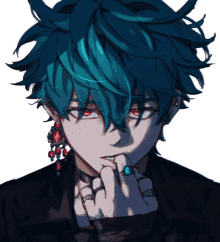 a boy with blue hair and red eyes has a choker around his neck and rings on his fingers