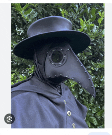 a person wearing a plague doctor mask and a hat