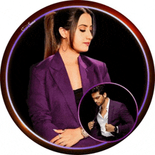 a picture of a woman in a purple jacket and a man in a purple suit