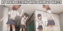 a group of anime girls are standing next to each other in a room and deciding what anime to watch .