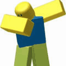 a roblox character in a blue shirt and green pants is holding a yellow block .