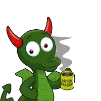 a cartoon dragon is holding a cup of coffee and the words rise and grind are above it