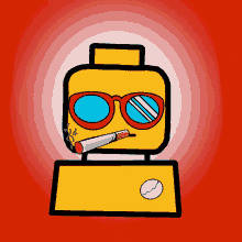 a cartoon drawing of a lego man smoking a cigarette and wearing sunglasses