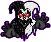 a black and white jester with red eyes and a purple border