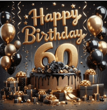 a cake with the number 60 on it is surrounded by balloons and gifts