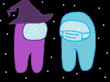 a purple among us character wearing a witch hat next to a blue among us character wearing a face mask