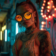 a woman with a lot of tattoos on her face is wearing yellow sunglasses