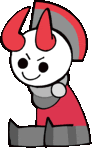 a cartoon character with red horns and a gray hat is smiling .