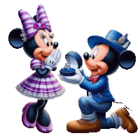 a cartoon of mickey mouse giving minnie mouse a ring in a box