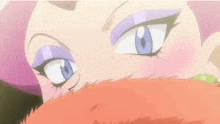 a close up of a cartoon character 's face with blue eyes and pink lips .