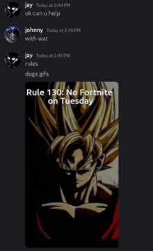 a screenshot of a discord conversation between jay and johnny with a picture of goku