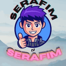 a cartoon of a man with purple hair giving a thumbs up