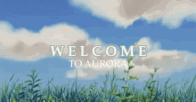 a sign that says welcome to aurora with a grassy field in the foreground