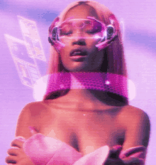 a woman in a pink dress is wearing futuristic goggles and holding a flower