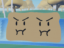 a cartoon drawing of two angry faces with trees in the background