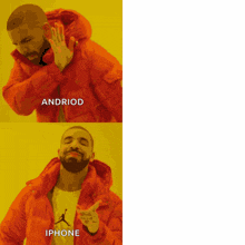 a man in an orange jacket with the word android on it