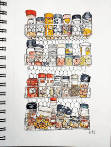 a drawing of spices on a wire rack with the date 2/19/21 on the bottom