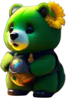 a green teddy bear has a yellow flower on its head