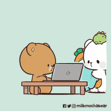 a cartoon of two bears sitting at a table with a laptop