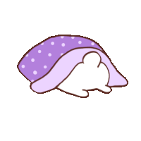 a cartoon drawing of a white rabbit under a purple blanket