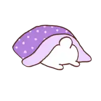 a cartoon drawing of a white rabbit under a purple blanket