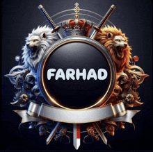 a logo for farhad with lions and a crown