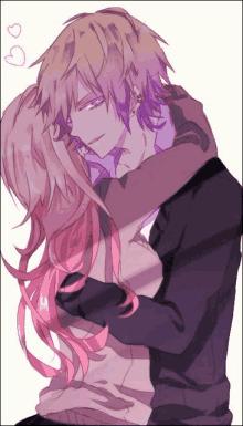 a girl with pink hair is hugging a man with purple hair